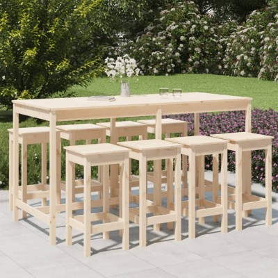 Mesa y taburetes altos jardín 9 piezas madera maciza de pino Mesa y taburetes altos jardín 9 piezas madera maciza de pino