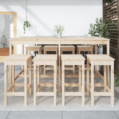 Mesa y taburetes altos jardín 9 piezas madera maciza de pino Mesa y taburetes altos jardín 9 piezas madera maciza de pino