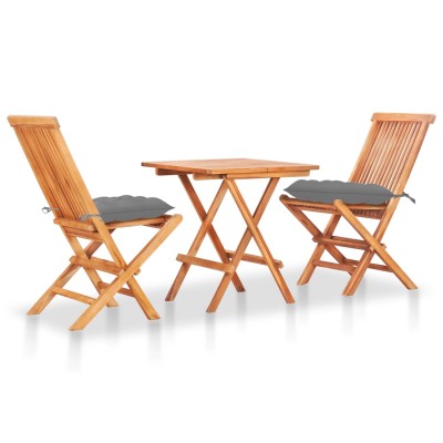 Set de bistró 3 pzas madera maciza de teca con cojines grises Set de bistró 3 pzas madera maciza de teca con cojines grises