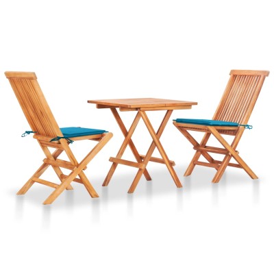 Set de bistró 3 piezas con cojines azul madera maciza teca
