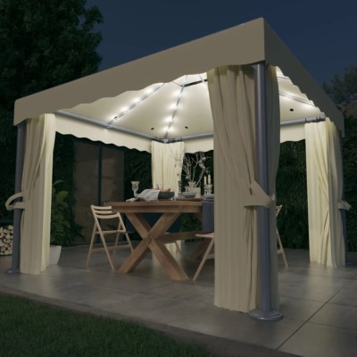 Cenador con cortina y tira de luces LED aluminio crema 3x3 m Cenador con cortina y tira de luces LED aluminio crema 3x3 m