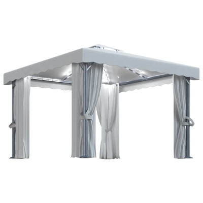 Cenador con cortina y tira de luces LED aluminio crema 3x3 m Cenador con cortina y tira de luces LED aluminio crema 3x3 m