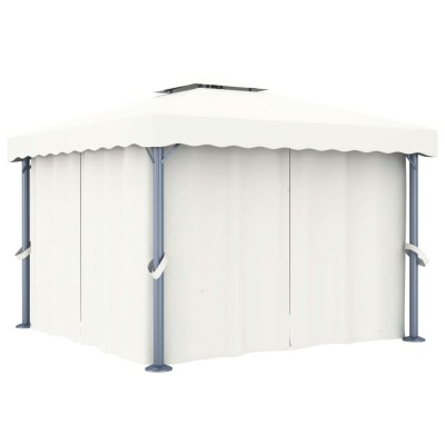 Cenador con cortina y tira de luces LED aluminio crema 3x3 m Cenador con cortina y tira de luces LED aluminio crema 3x3 m