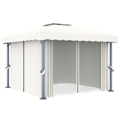 Cenador con cortina y tira de luces LED aluminio crema 3x3 m Cenador con cortina y tira de luces LED aluminio crema 3x3 m