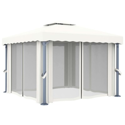 Cenador con cortina y tira de luces LED aluminio crema 3x3 m Cenador con cortina y tira de luces LED aluminio crema 3x3 m