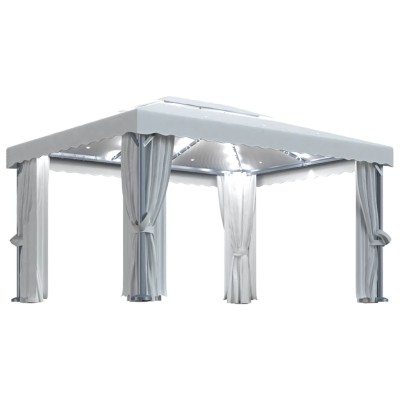 Cenador con cortina y tira de luces LED aluminio crema 4x3 m Cenador con cortina y tira de luces LED aluminio crema 4x3 m