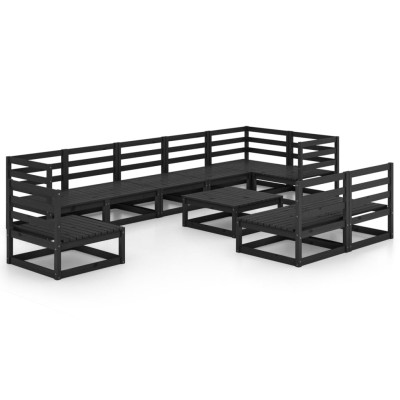 Juego de muebles de jardín 10 pzas negro madera maciza de pino Juego de muebles de jardín 10 pzas negro madera maciza de pino