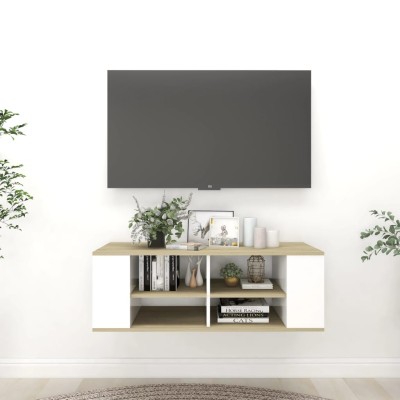 Mueble de pared de TV contrachapada blanco y roble 102x35x35 cm Mueble de pared de TV contrachapada blanco y roble 102x35x35 cm