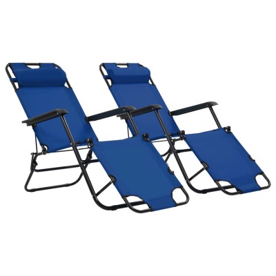 Tumbonas plegables con reposapiés 2 unidades acero azul Tumbonas plegables con reposapiés 2 unidades acero azul