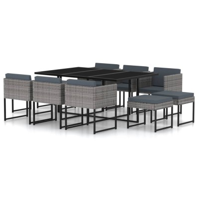 Set de comedor para jardín 11 pzas cojines ratán sintético gris Set de comedor para jardín 11 pzas cojines ratán sintético gris