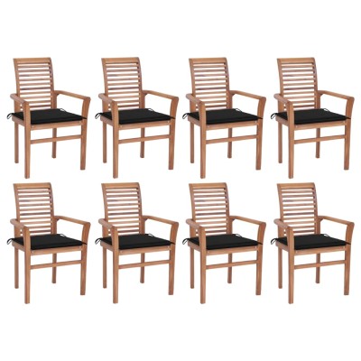 Sillas de comedor 8 unidades madera de teca con cojines negros Sillas de comedor 8 unidades madera de teca con cojines negros