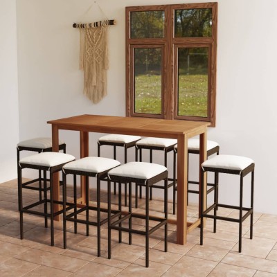 Conjunto de bar para jardín 9 piezas con cojines marrón Conjunto de bar para jardín 9 piezas con cojines marrón