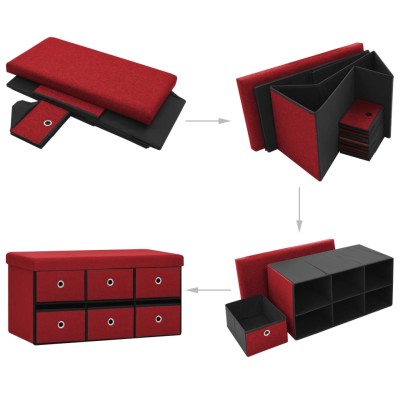 Banco almacenaje plegable lino sintético rojo tinto 76x38x38 cm Banco almacenaje plegable lino sintético rojo tinto 76x38x38 cm