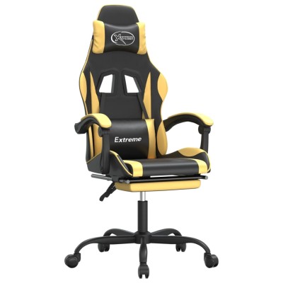 Silla gaming giratoria reposapiés cuero sintético negro dorado Silla gaming giratoria reposapiés cuero sintético negro dorado