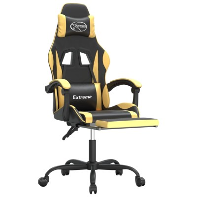 Silla gaming giratoria reposapiés cuero sintético negro dorado Silla gaming giratoria reposapiés cuero sintético negro dorado