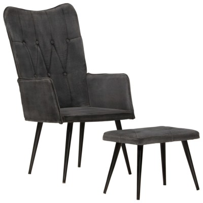 Sillón orejero con reposapiés lona negro vintage Sillón orejero con reposapiés lona negro vintage