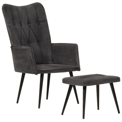 Sillón orejero con reposapiés lona negro vintage Sillón orejero con reposapiés lona negro vintage