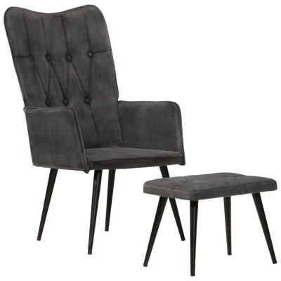 Sillón orejero con reposapiés lona negro vintage Sillón orejero con reposapiés lona negro vintage