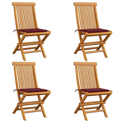 Sillas de jardín 4 uds con cojines rojo tinto madera de teca Sillas de jardín 4 uds con cojines rojo tinto madera de teca