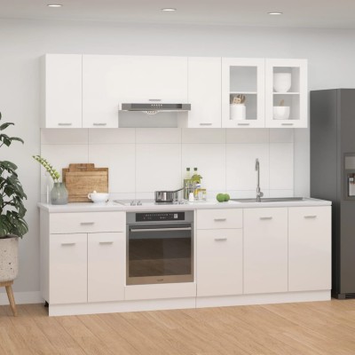 Juego muebles de cocina 8 pzas madera ingeniería blanco brillo Juego muebles de cocina 8 pzas madera ingeniería blanco brillo