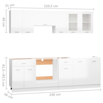 Juego muebles de cocina 8 pzas madera ingeniería blanco brillo Juego muebles de cocina 8 pzas madera ingeniería blanco brillo