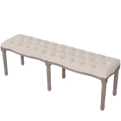 Banco de madera maciza y lino blanco crema 150x40x48 cm Banco de madera maciza y lino blanco crema 150x40x48 cm
