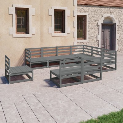 Juego de muebles de jardín 9 pzas y cojines gris madera pino Juego de muebles de jardín 9 pzas y cojines gris madera pino