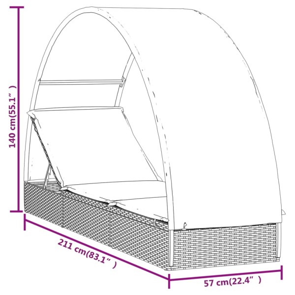 Tumbona con toldo redondo ratán sintético gris 211x57x140 cm Tumbona con toldo redondo ratán sintético gris 211x57x140 cm