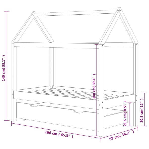 Estructura de cama infantil con cajón madera de pino 80x160 cm Estructura de cama infantil con cajón madera de pino 80x160 cm