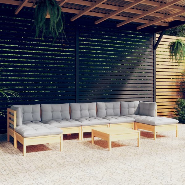Juego de muebles de jardín 8 pzas y cojines madera pino gris Juego de muebles de jardín 8 pzas y cojines madera pino gris