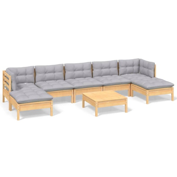 Juego de muebles de jardín 8 pzas y cojines madera pino gris Juego de muebles de jardín 8 pzas y cojines madera pino gris