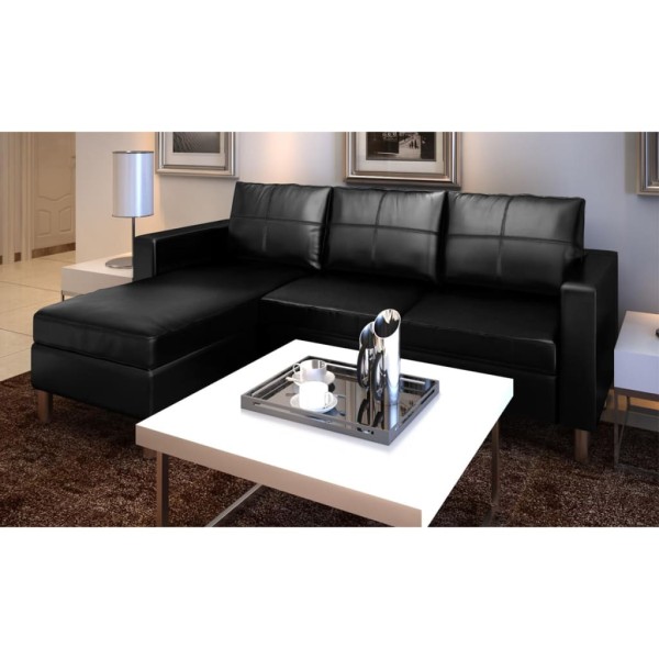 Sofá modular de 3 plazas de cuero artificial negro Sofá modular de 3 plazas de cuero artificial negro