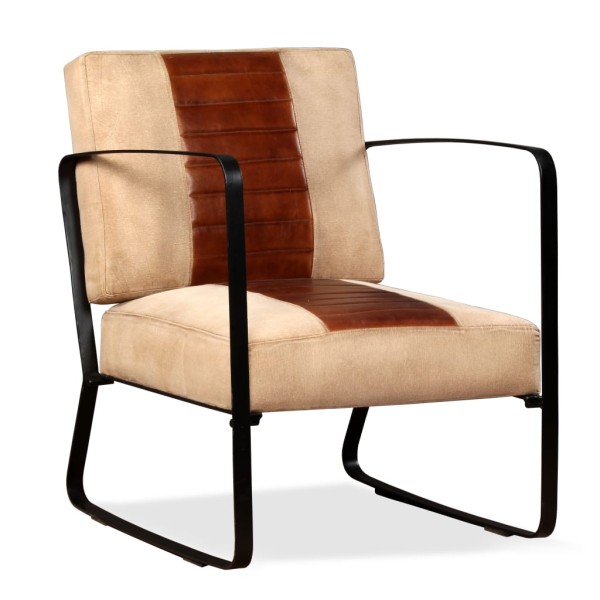 Sillón de cuero auténtico y lona marrón Sillón de cuero auténtico y lona marrón