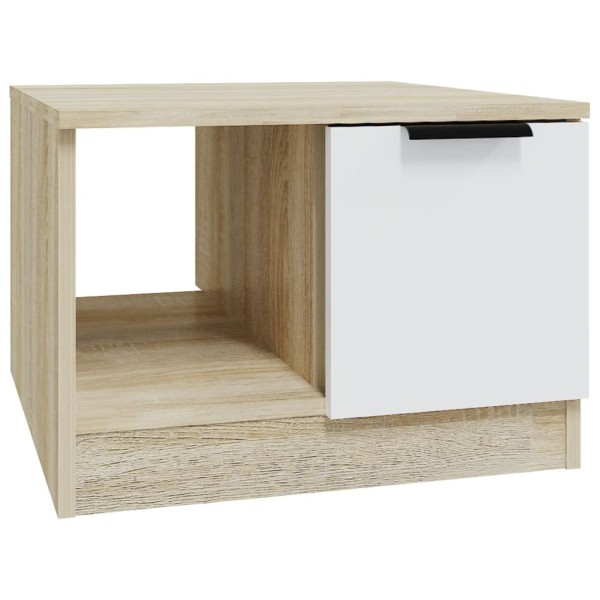 Mesa de centro madera contrachapada blanco y roble 50x50x36 cm