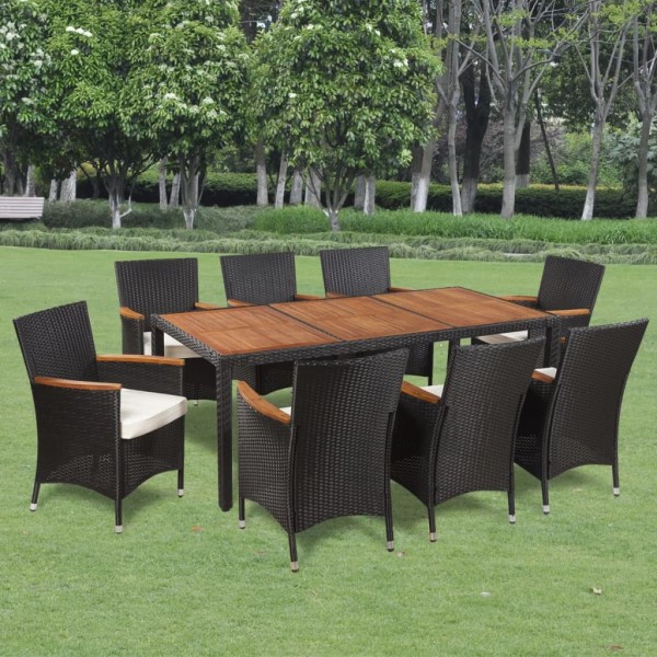 Set de comedor de jardín 9 piezas y cojines ratán sintético Set de comedor de jardín 9 piezas y cojines ratán sintético