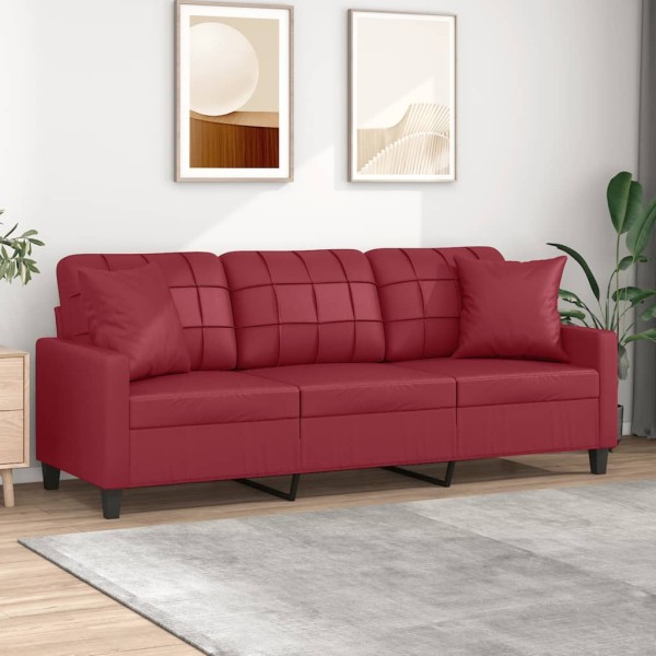 Sofá de 3 plazas con cojines cuero sintético rojo tinto 180 cm Sofá de 3 plazas con cojines cuero sintético rojo tinto 180 cm