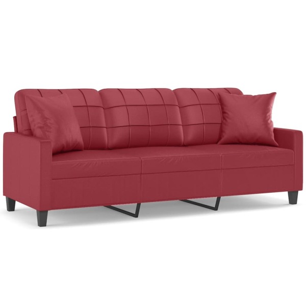 Sofá de 3 plazas con cojines cuero sintético rojo tinto 180 cm Sofá de 3 plazas con cojines cuero sintético rojo tinto 180 cm