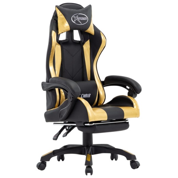 Silla gaming con reposapiés cuero sintético negro y dorado Silla gaming con reposapiés cuero sintético negro y dorado