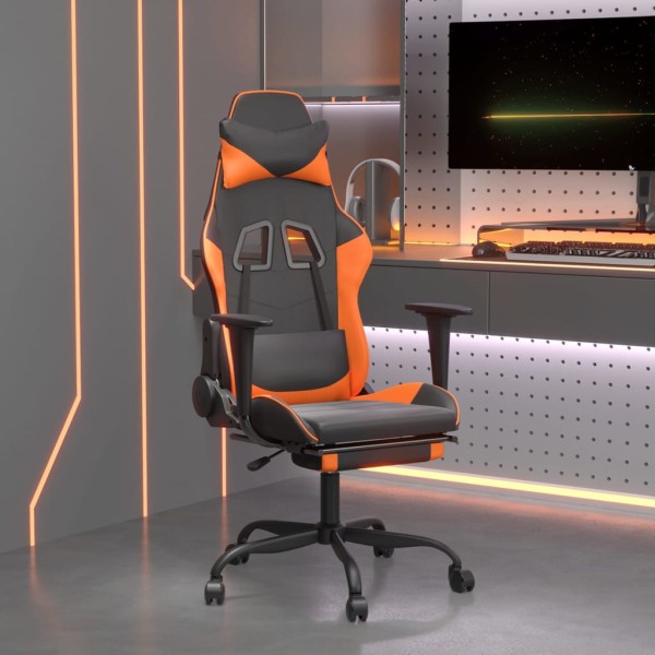 Silla gaming masaje y reposapiés cuero sintético negro naranja Silla gaming masaje y reposapiés cuero sintético negro naranja