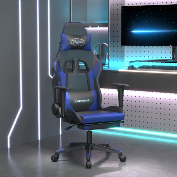 Silla gaming de masaje y reposapiés cuero sintético negro azul Silla gaming de masaje y reposapiés cuero sintético negro azul