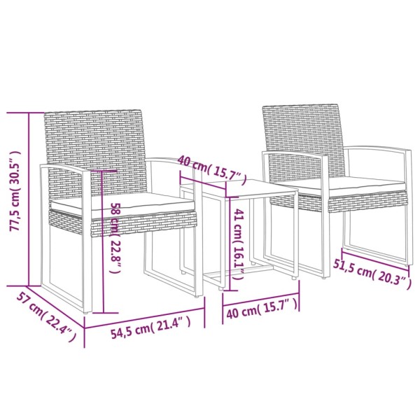 Set comedor jardín 3 pzas cojines PP aspecto ratán gris oscuro Set comedor jardín 3 pzas cojines PP aspecto ratán gris oscuro