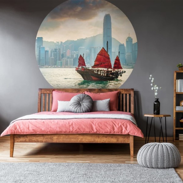 WallArt Círculo de papel pintado Skyline with Junk Boat 142,5 cm WallArt Círculo de papel pintado Skyline with Junk Boat 142,5 cm
