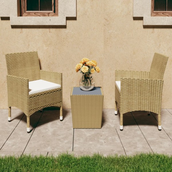 Mesa y sillas de jardín 3 pzas ratán PE y vidrio templado beige Mesa y sillas de jardín 3 pzas ratán PE y vidrio templado beige