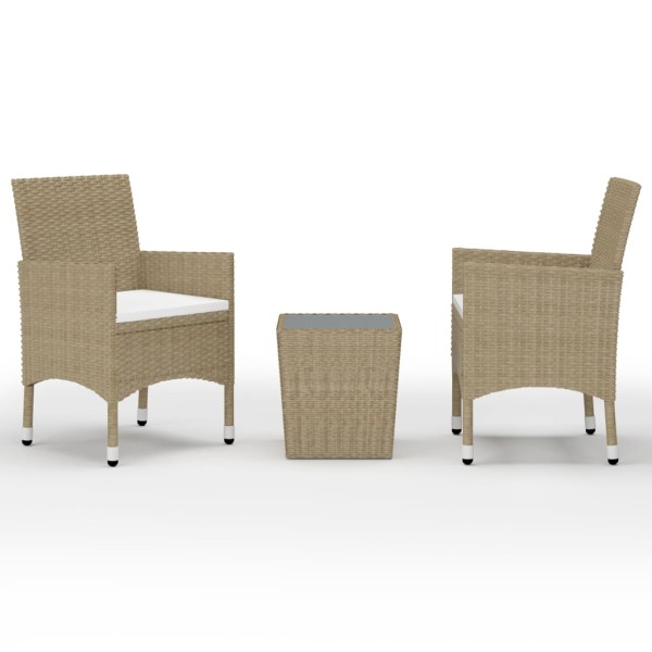 Mesa y sillas de jardín 3 pzas ratán PE y vidrio templado beige Mesa y sillas de jardín 3 pzas ratán PE y vidrio templado beige