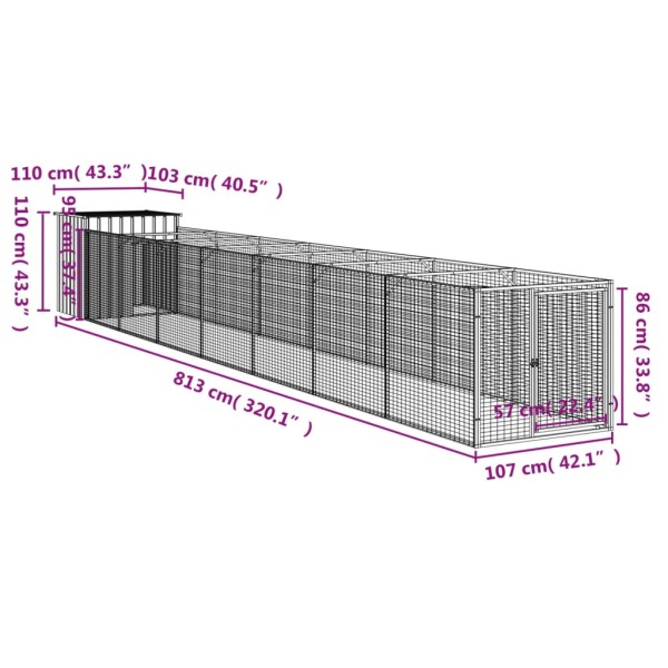 Caseta perros con corral acero galvanizado gris 110x813x110 cm Caseta perros con corral acero galvanizado gris 110x813x110 cm