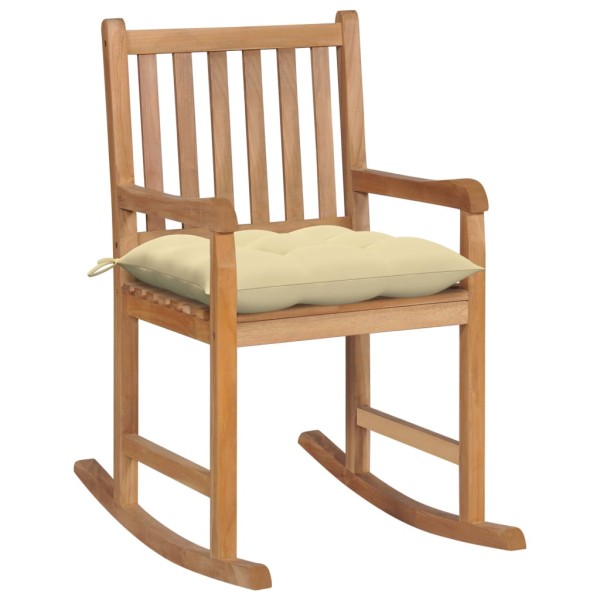 Silla mecedora de madera maciza de teca con cojín blanco crema Silla mecedora de madera maciza de teca con cojín blanco crema