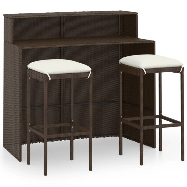 Juego de muebles de bar para jardín 3 piezas y cojines marrón Juego de muebles de bar para jardín 3 piezas y cojines marrón