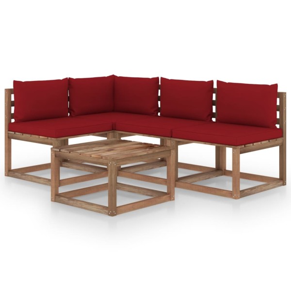 Juego de muebles de jardín 5 piezas con cojines rojo tinto