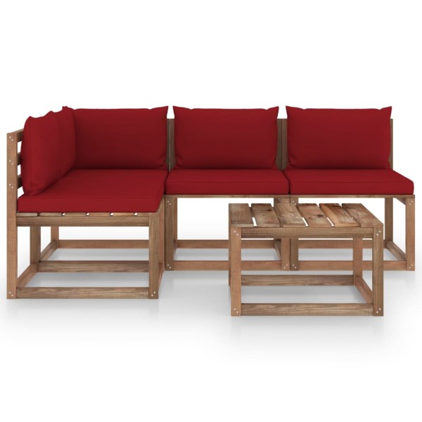 Juego de muebles de jardín 5 piezas con cojines rojo tinto