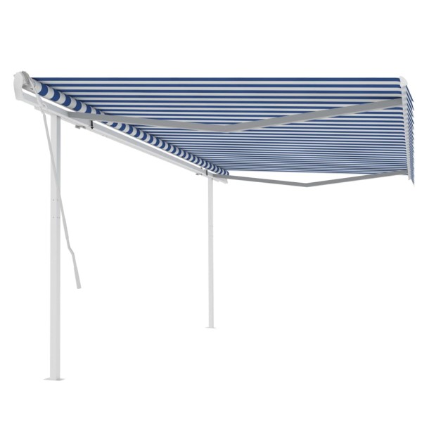 Toldo manual retráctil con postes azul y blanco 5x3,5 m Toldo manual retráctil con postes azul y blanco 5x3,5 m